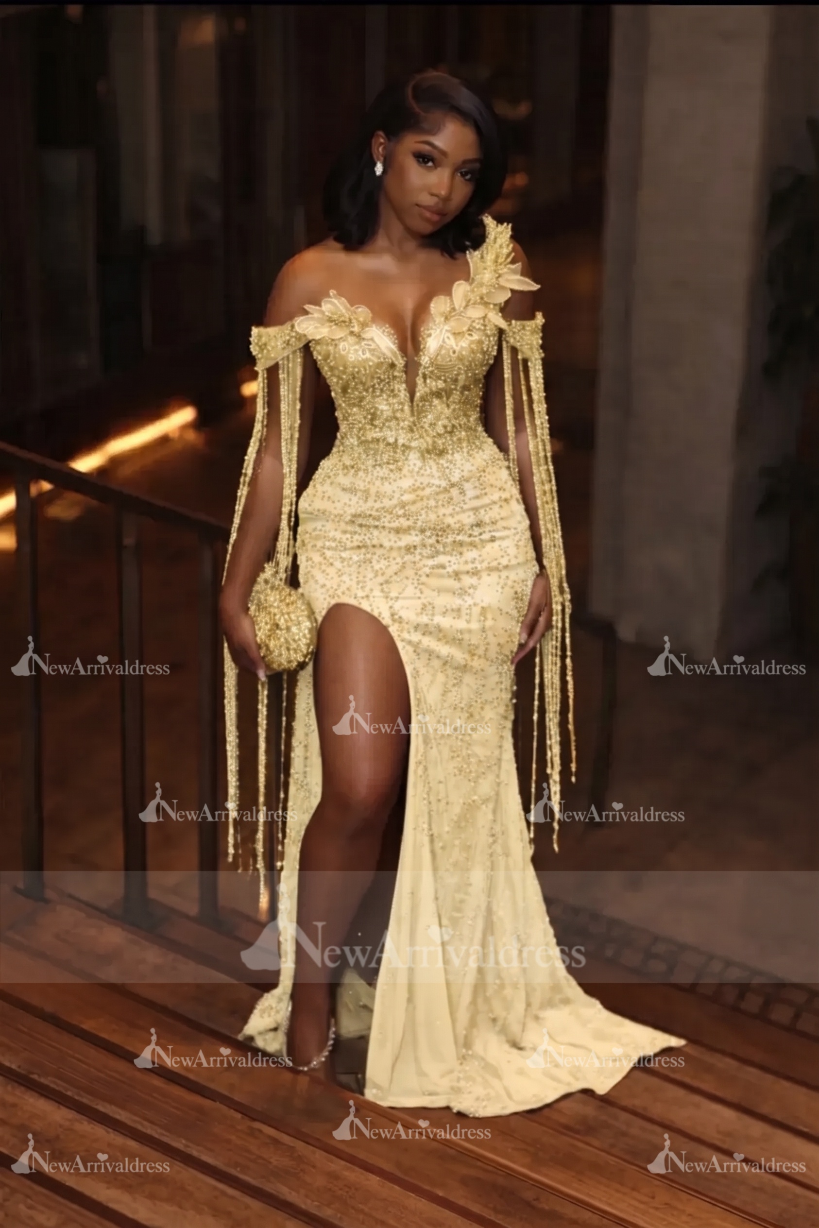 Asymmetric  Sequins Prom Dress Sleeveless Mermaid Gold Evening Gown with Tassels