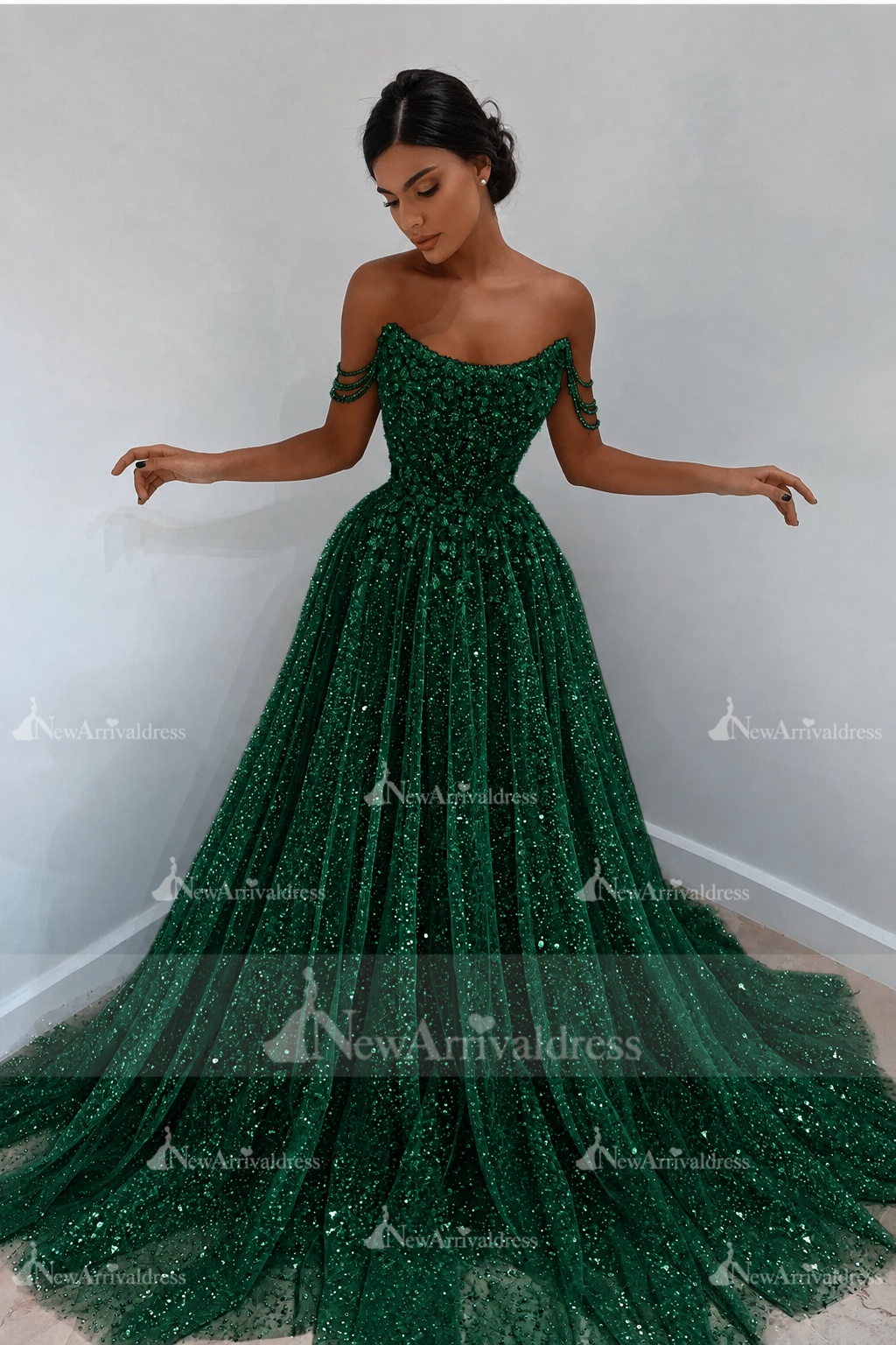 Beautiful Long A-line Sweetheart Sequined Prom Dress Off Shoulder Sky Blue Long Evening Dress