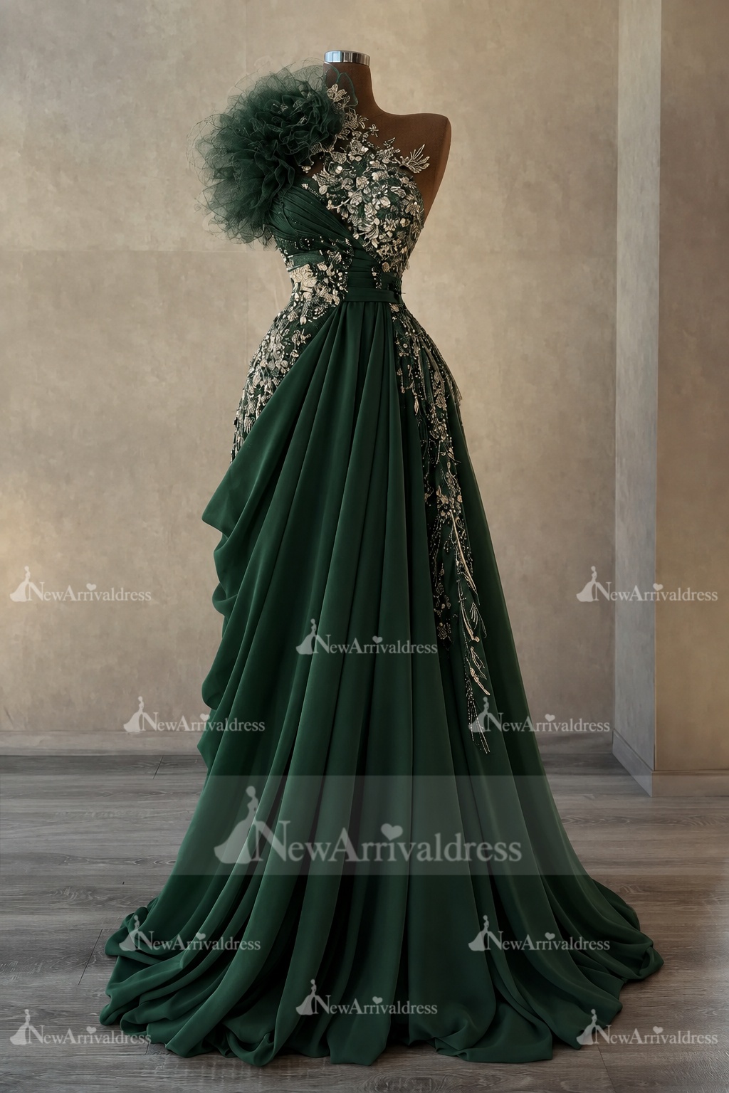 Stunning One Shoulder Flowers Ruched Satin Evening Dress Appliques Aline Party Dress