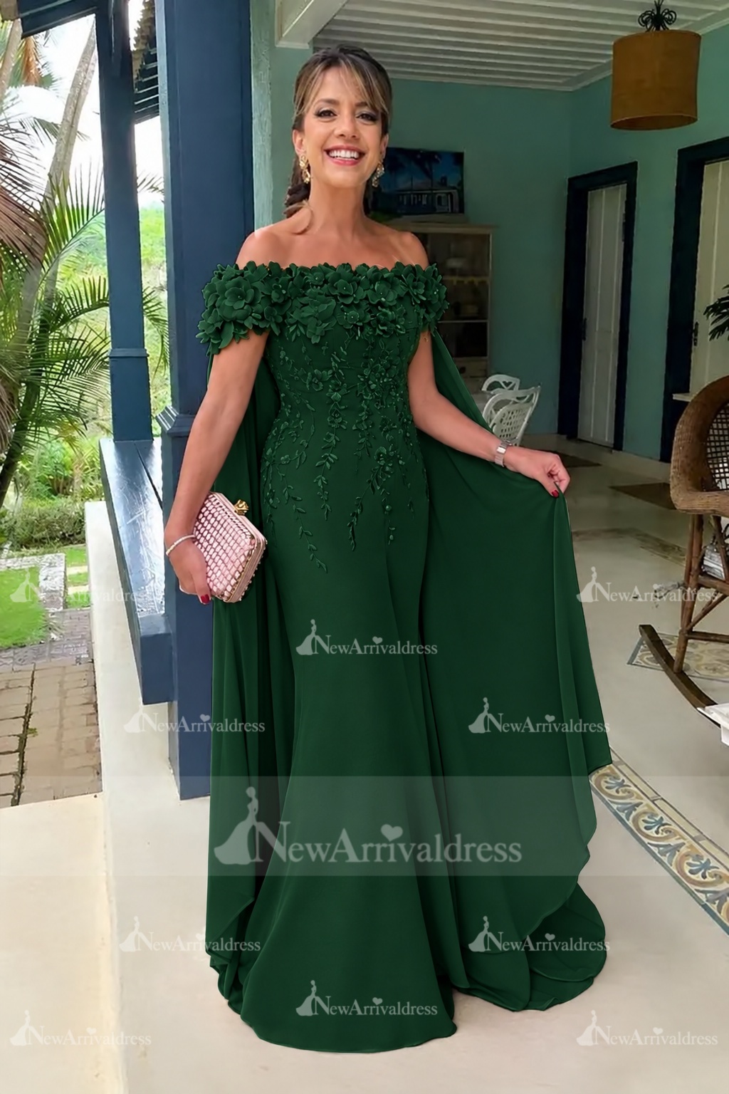 Off-the-Shoulder Pink Chiffon Flowers Long Mother of the Bride Dress with Cape
