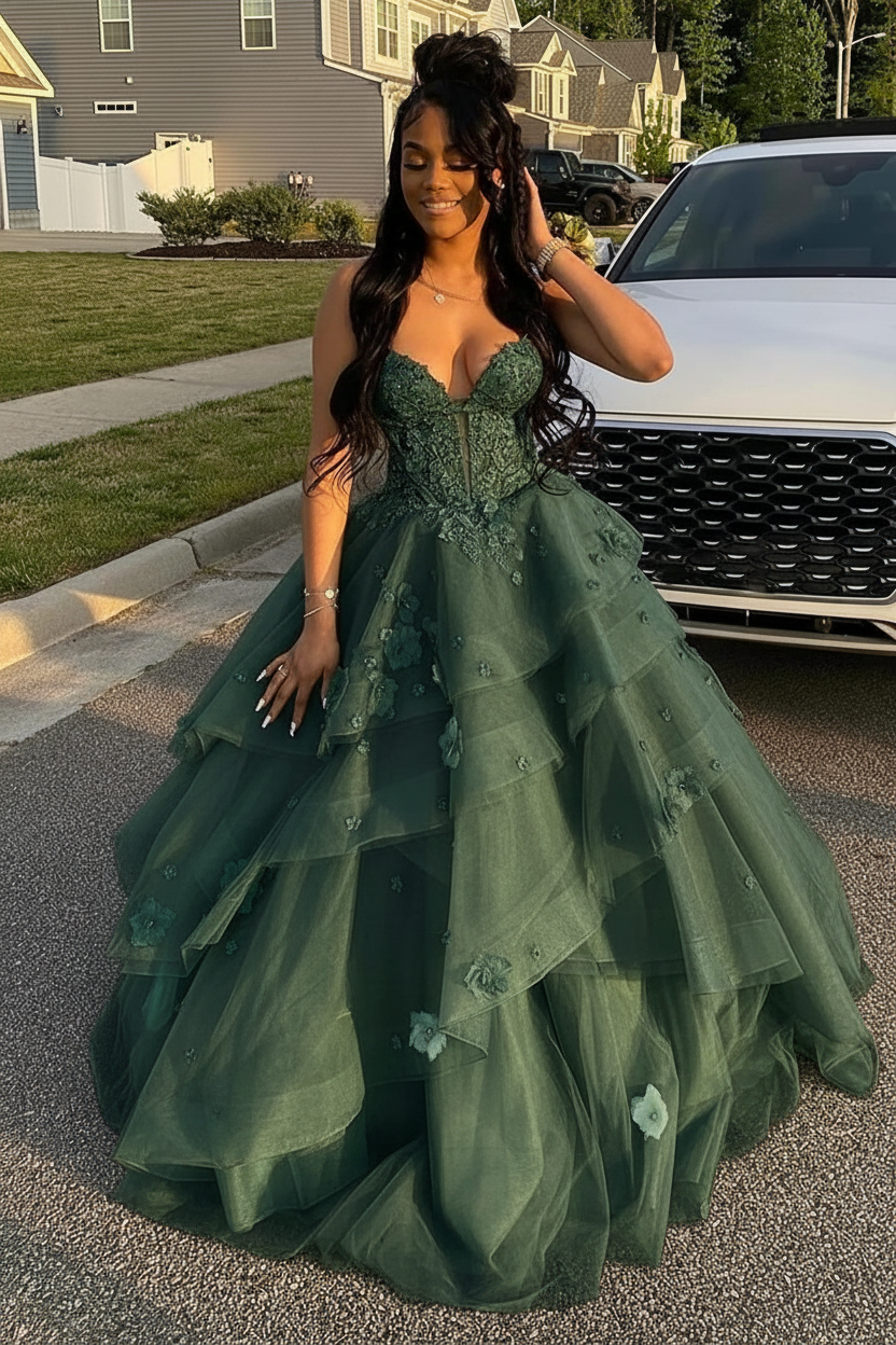 Dark Green Spaghetti Straps Tulle Aline Prom Dress Floral Tiered Ruffles Corset Formal Dress