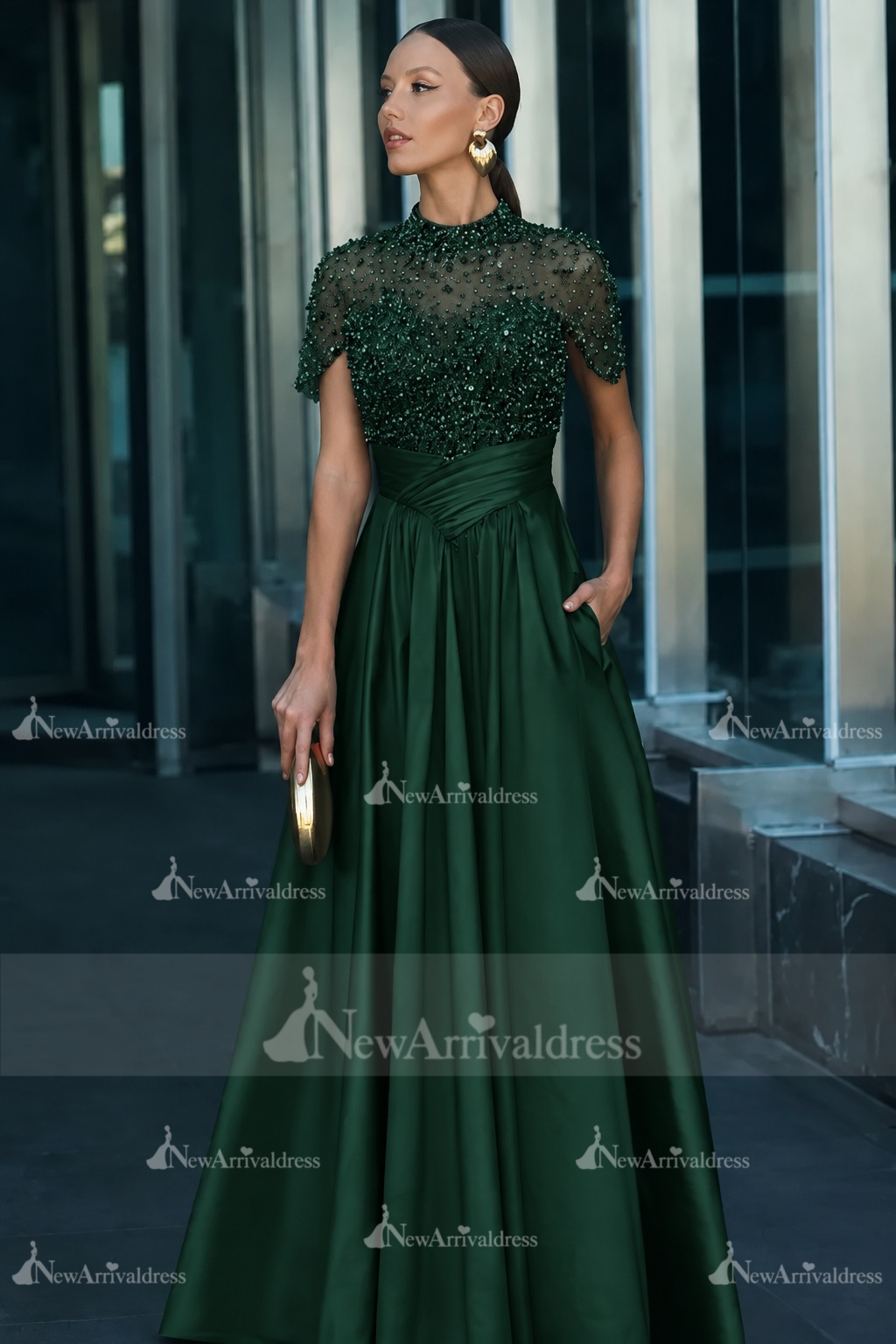Dark Green Short Sleeves  Satin A-line Evening Dress with Beadings