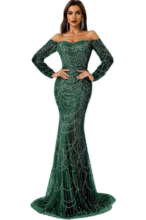 Charming Off-the-Shoulder Long Sleeves Mermaid Prom Dress with Beadings