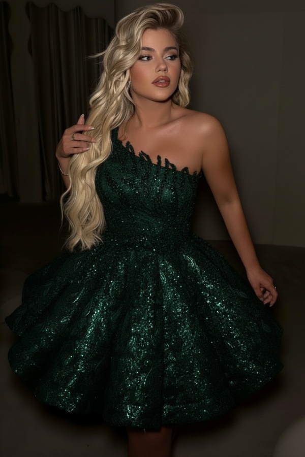 One Shoulder Sequins Short Prom Dress Gold Aline Homecoming Dress