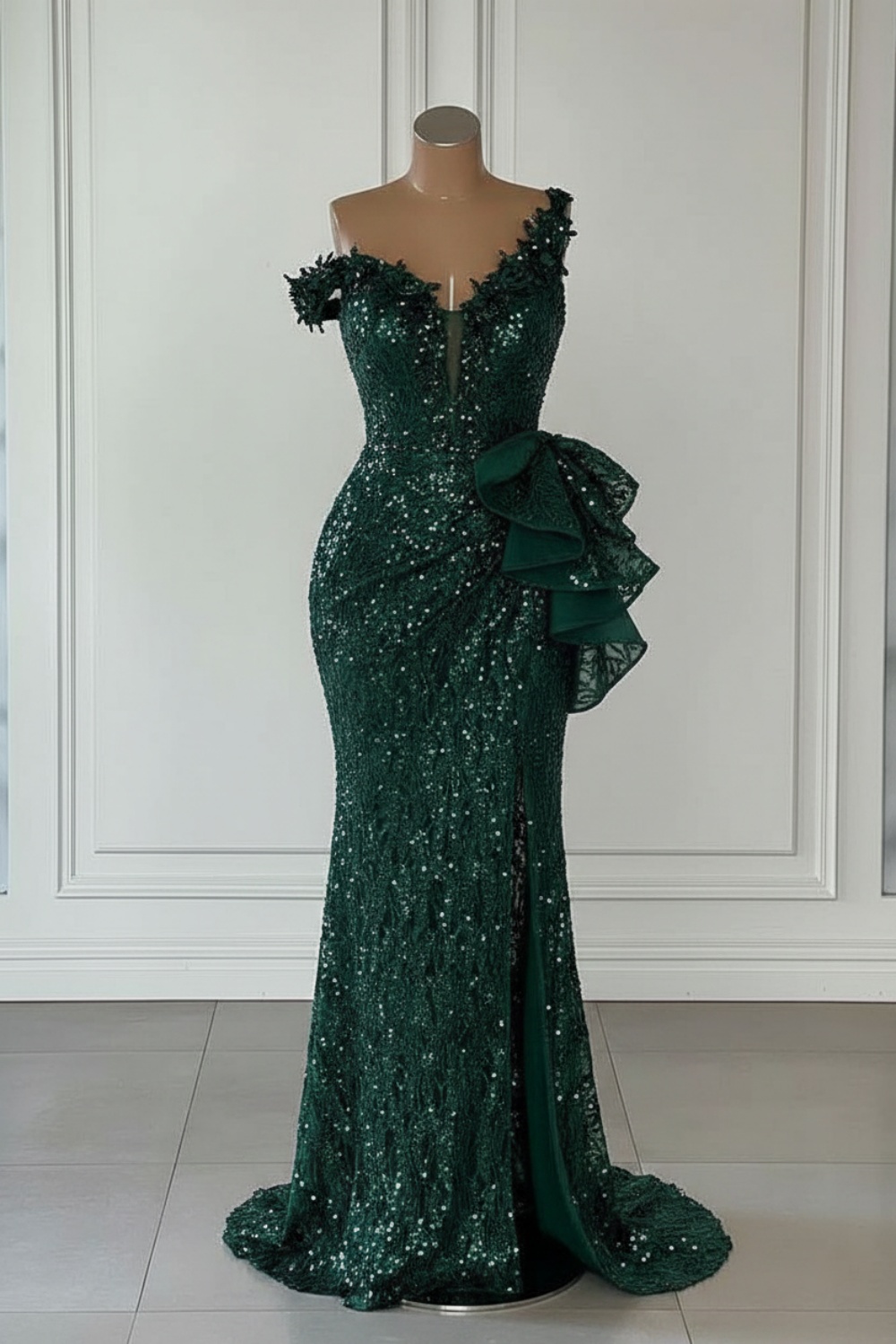 One Shoulder Sequins Sleeveless Long Mermaid Prom Dress with Split