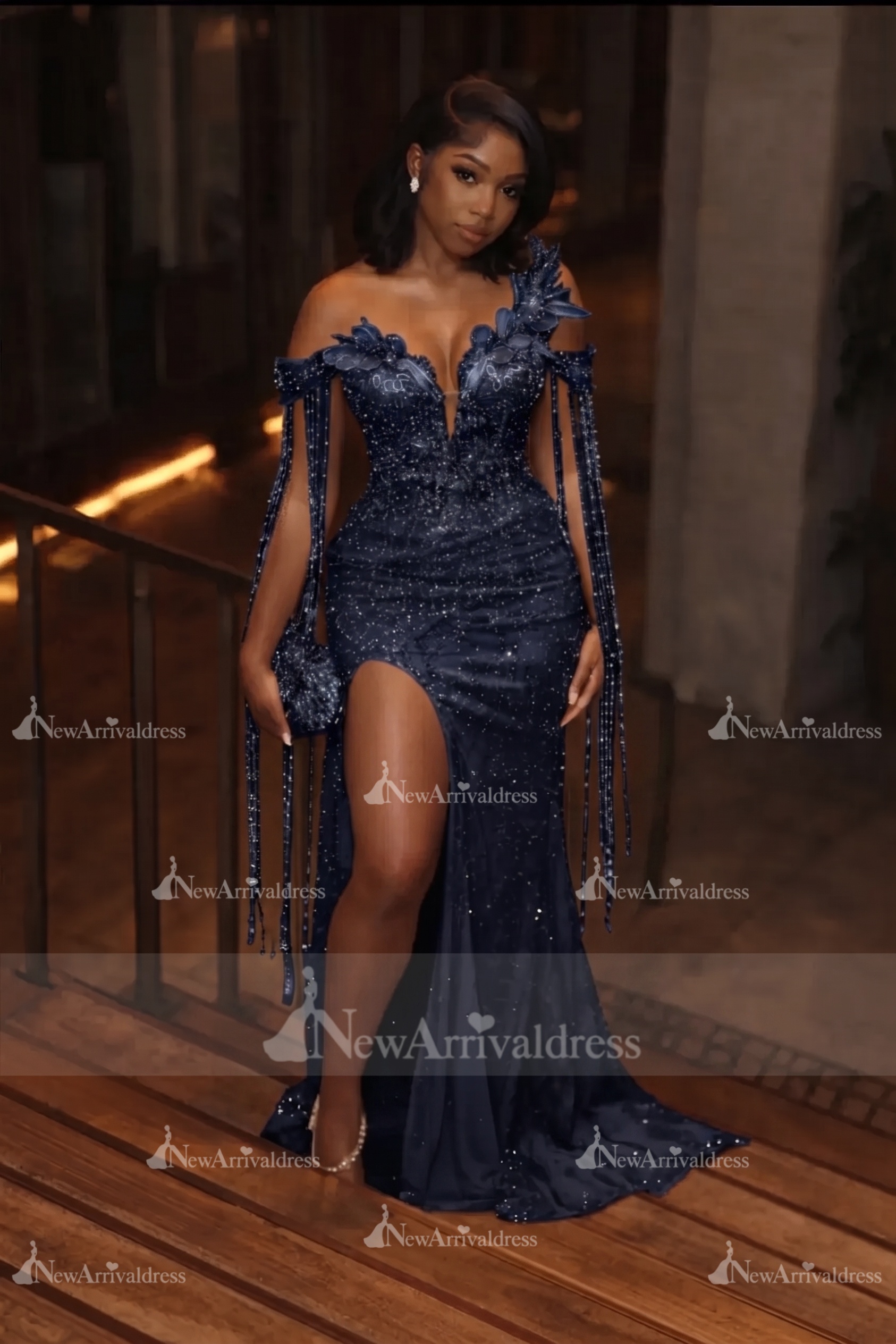 Asymmetric  Sequins Prom Dress Sleeveless Mermaid Gold Evening Gown with Tassels