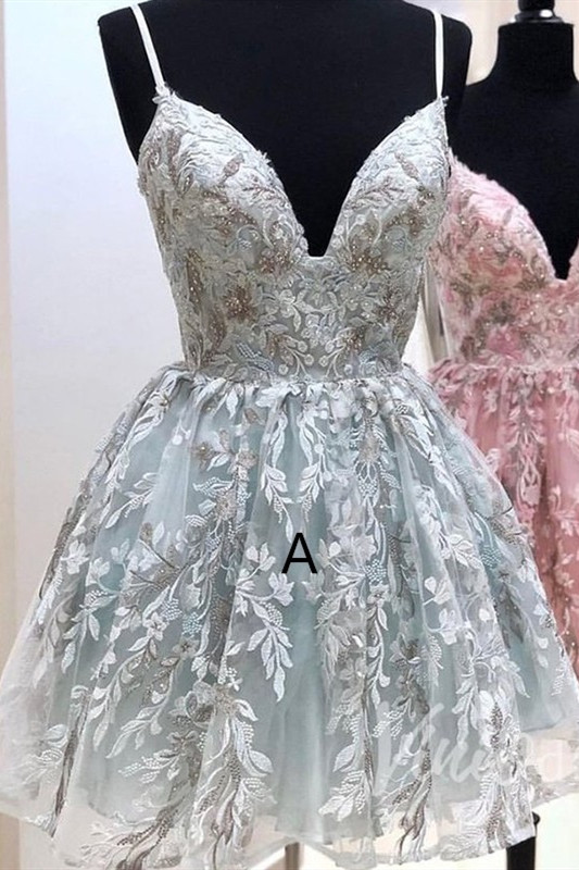 Stylish Spaghetti Straps Sexy Short Homecoming Dresses | V Neck Sleeveless Lace Cocktail Dress-newarrivaldress