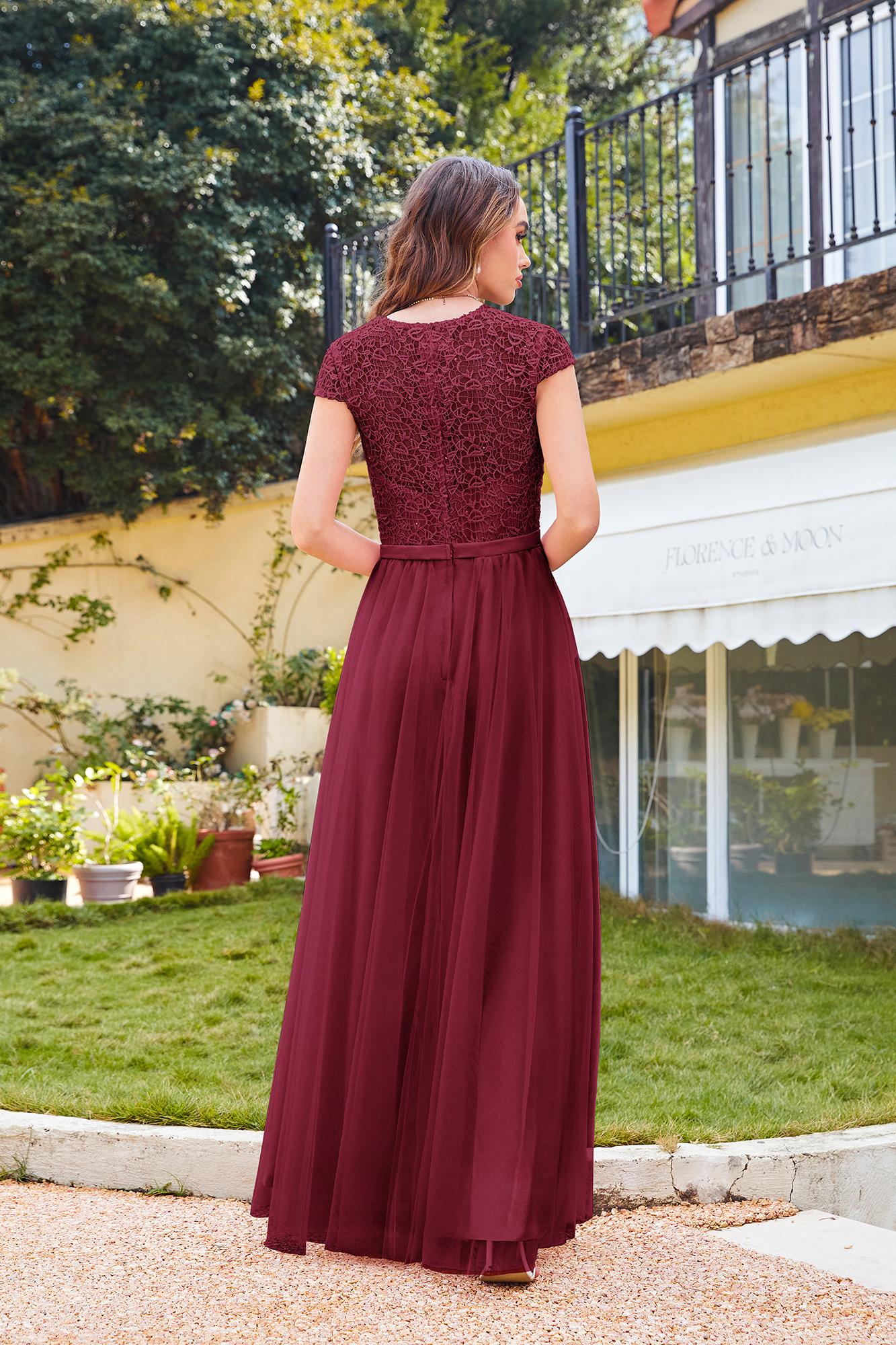 Chic Cap Sleeves Illusion Lace Aline Bridesmaid Dress Floor Length Chiffon Evening Dress-newarrivaldress