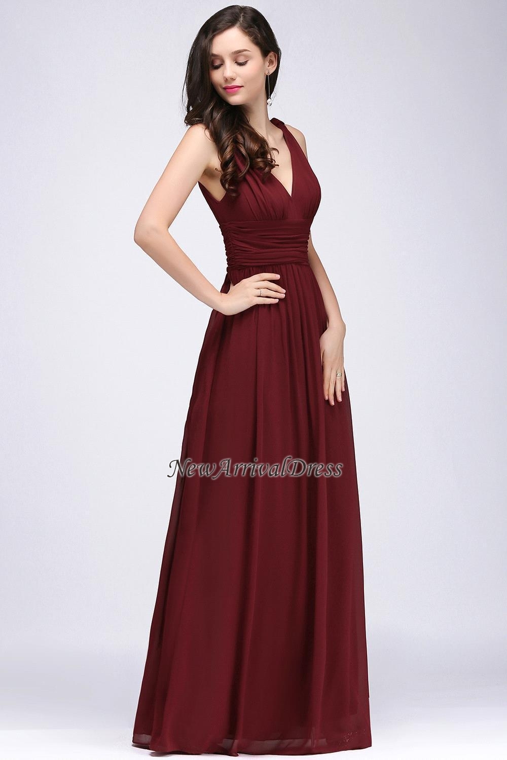 Ruched Chiffon A-line V-Neck Burgundy Evening Dresses