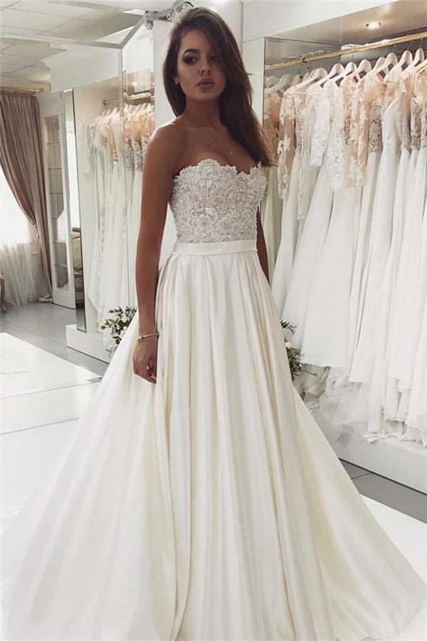 2021 Glamorous Lace Satin Sweetheart Wedding Dresses | Open Back A-Line Bridal Gown BC0715-newarrivaldress
