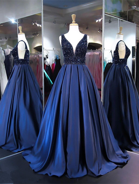 V-Neck Beads Custom Made Prom Dresses | A-line Sleeveless Navy Elegant Evening Dress-newarrivaldress