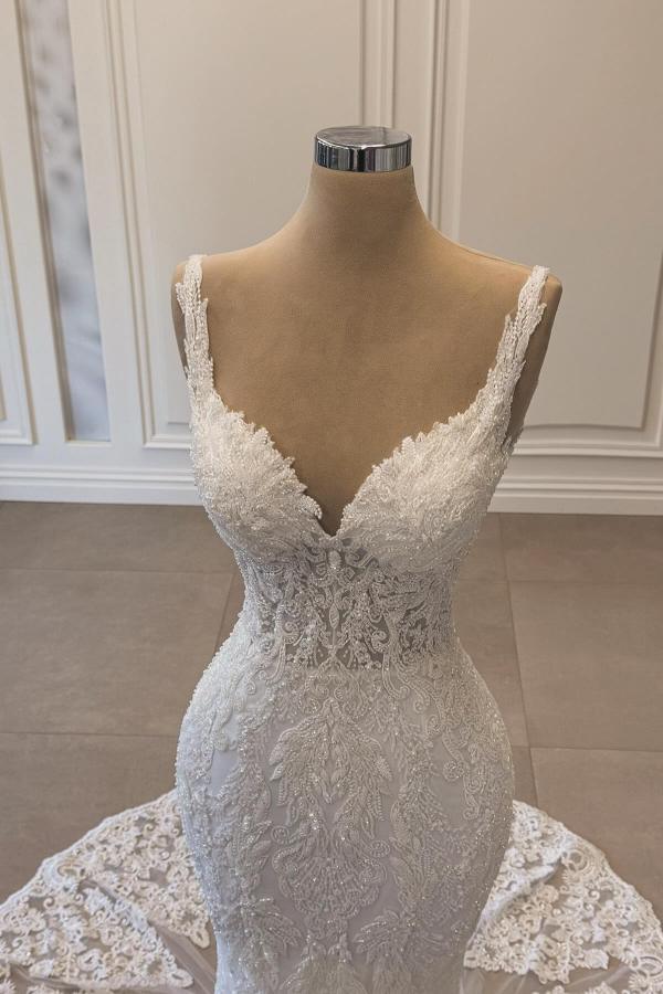 V-Neck White Lace Mermaid Wedding Dress Sleeveless Garden Bridal Dress with Sweep Train-newarrivaldress