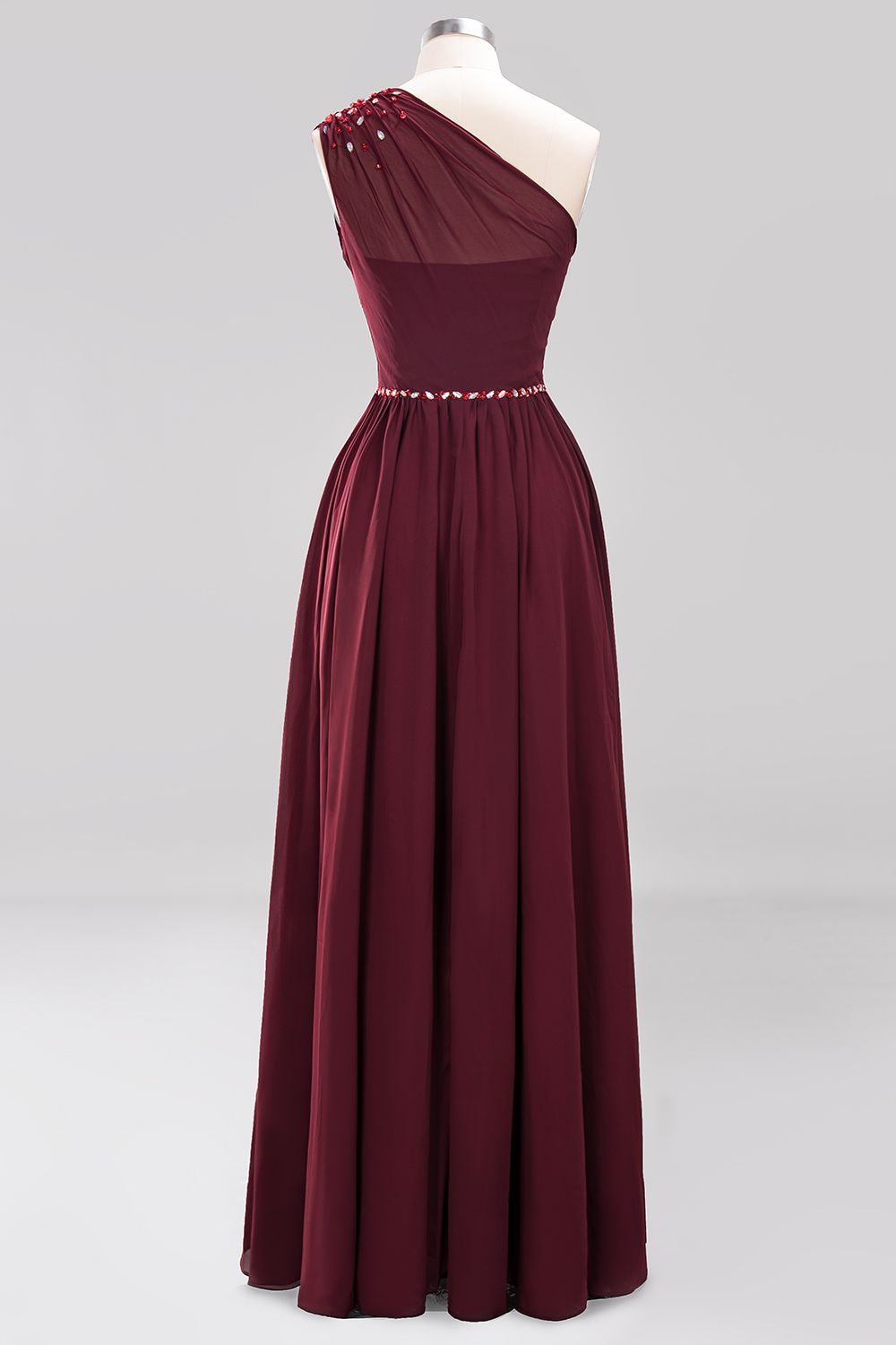 Elegant A-Line Burgundy Chiffon One-Shoulder Sleeveless Ruffles Floor-Length Bridesmaid Dresses with Beadings-newarrivaldress