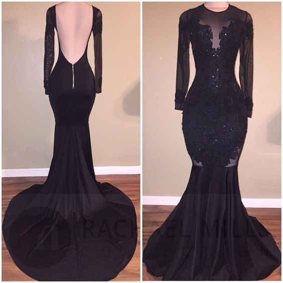 Long Sleeve Black Appliques Evening Gowns | Mermaid Open Back Prom Dresses-newarrivaldress