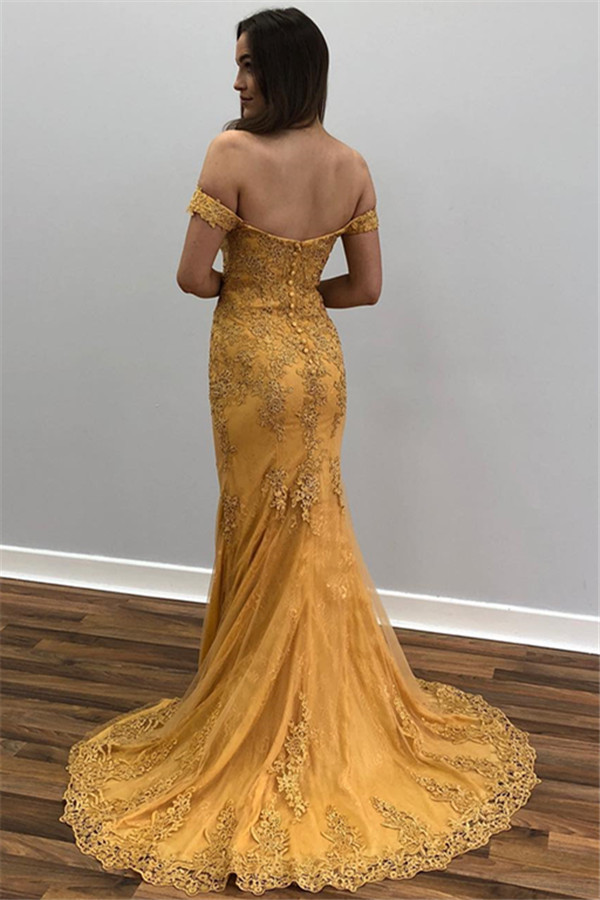 Yellow Off-The-Shoulder Appliques Tulle Mermaid Prom Dresses-newarrivaldress