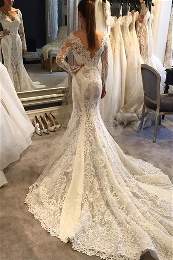 Vintage Lace Sexy Open Back Mermaid Wedding Dresses with Sleeves with Court Train-newarrivaldress