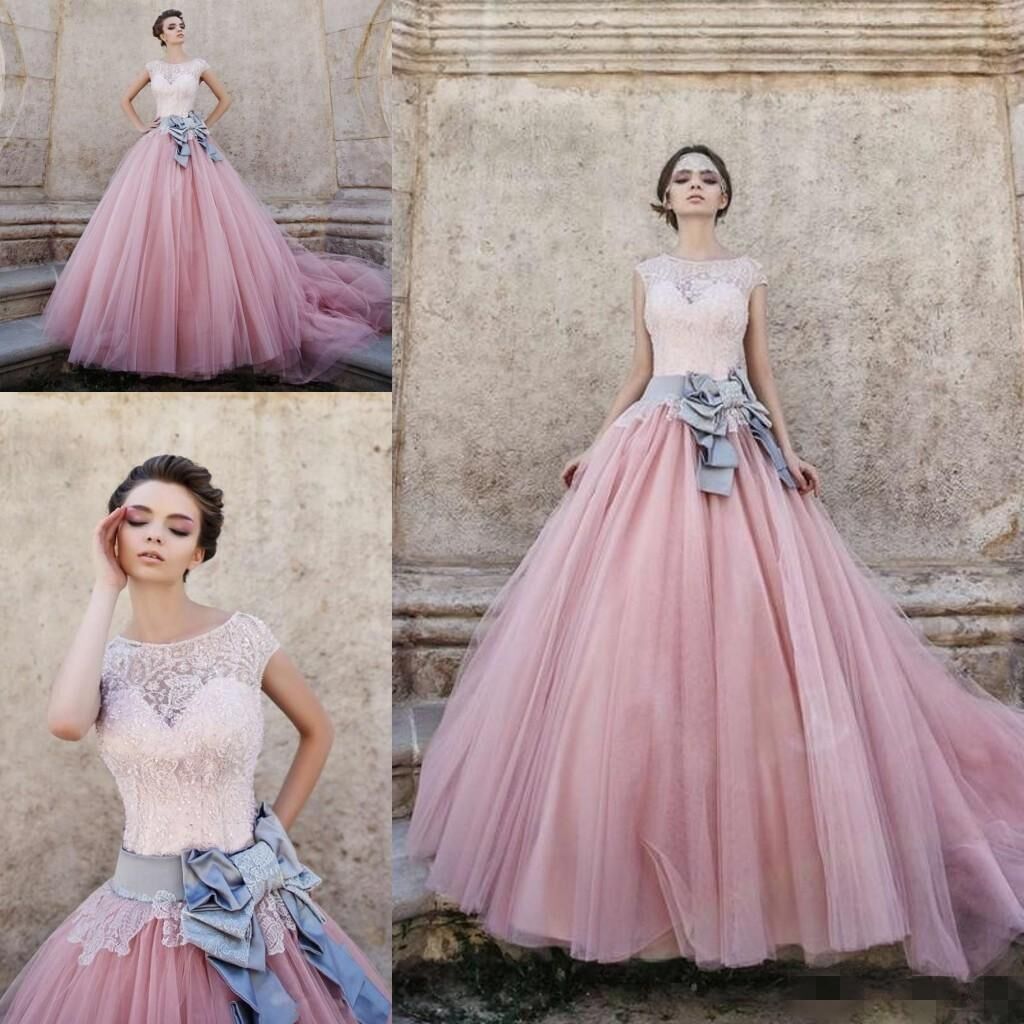 Lace Appliques Pink Ball Gown Wedding Dresses | Bowknot Cap Sleeve Bridal Gowns-newarrivaldress