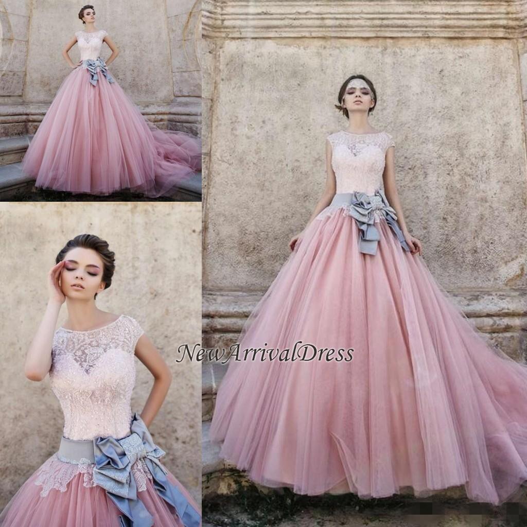 Lace Appliques Pink Ball Gown Wedding Dresses | Bowknot Cap Sleeve Bridal Gowns-newarrivaldress