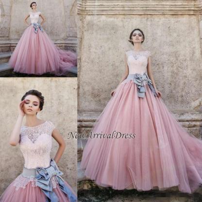 Lace Appliques Pink Ball Gown Wedding Dresses | Bowknot Cap Sleeve Bridal Gowns-newarrivaldress