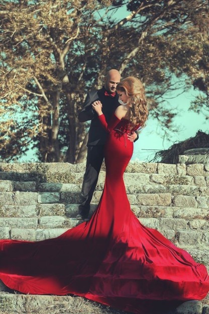 Long Sleeves Velvet Burgundy Mermaid Prom Dresses Off-Shoulder Belt Long Train Formal Sexy Evening Gowns-newarrivaldress