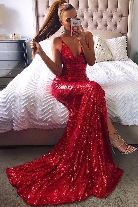 Sexy Red Sequin Prom Dresses | Halter Neck Backless High Slit Party Dresses-newarrivaldress