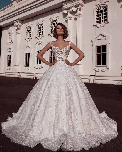 Glamorous Ball Gown Spaghetti Straps Sleeveless Lace Applique Wedding Dresses-newarrivaldress