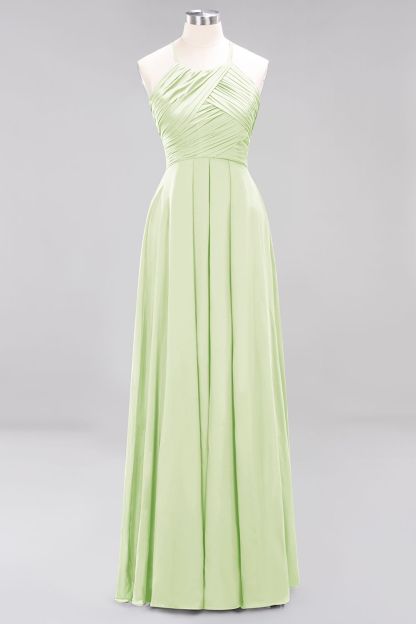 Halter Pleated Bridesmaid Dress Chiffon Sleeveless Floor Length Wedding Guest Dress-newarrivaldress