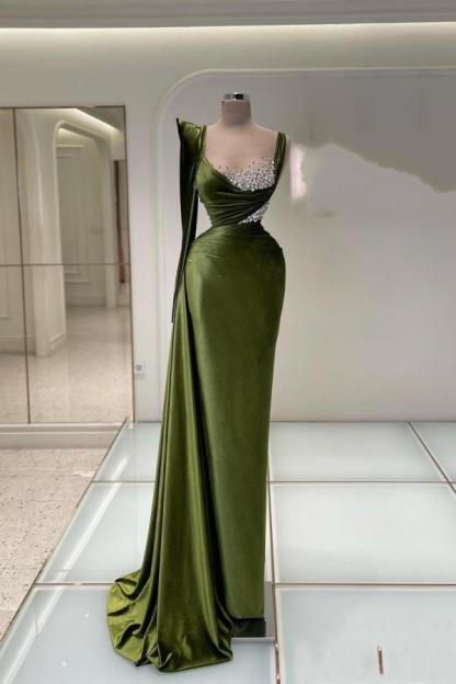 Charming Dark Green Satin Mermaid Long Evening Dress One Shoulder Crystals Formal Dress-newarrivaldress