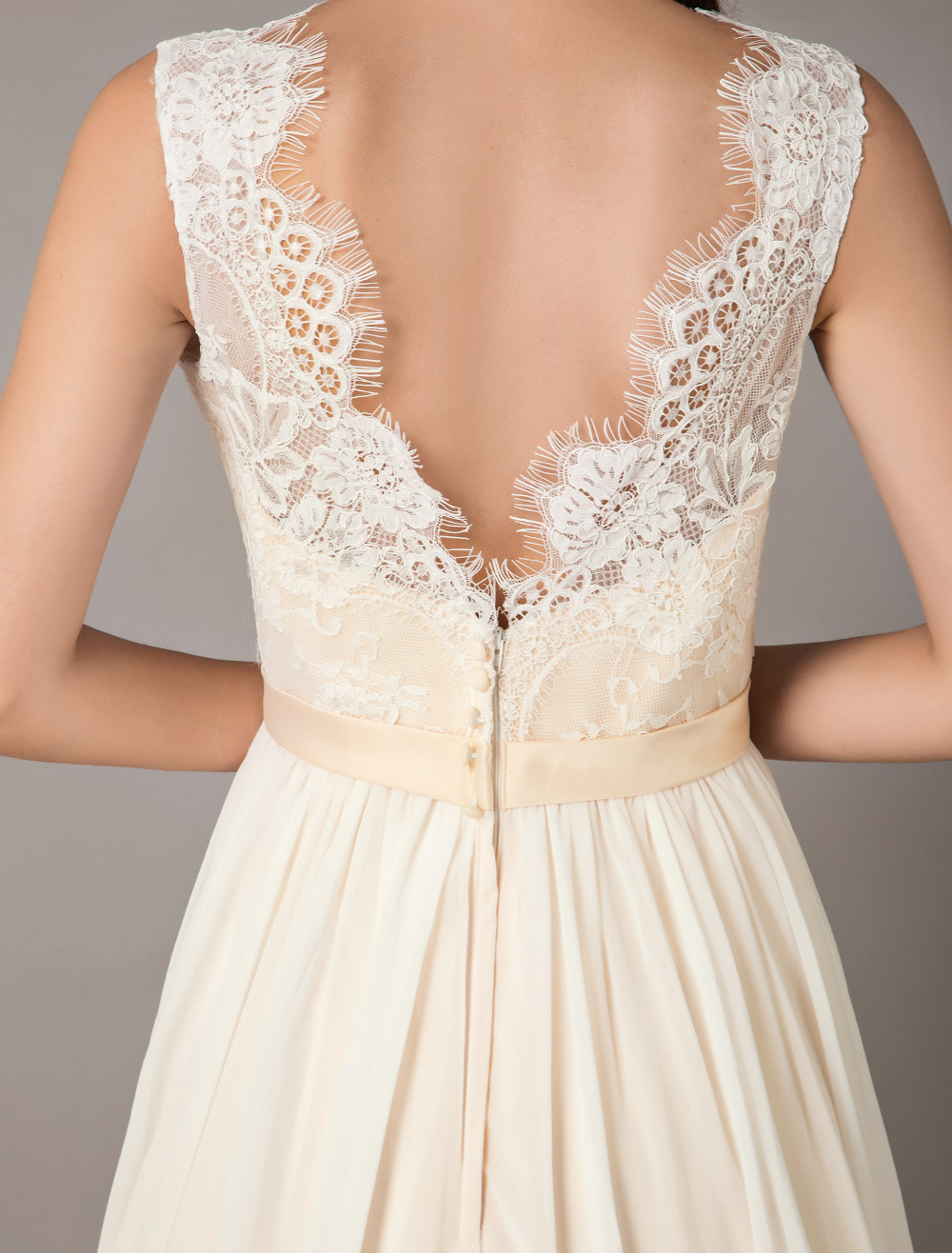 Champagne Wedding Dresses Beach Lace Chiffon V Neck Bridal Dress-newarrivaldress