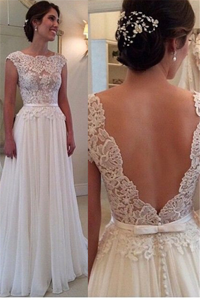 Lace Chiffon Elegant Wedding Dress with Bowknot Sash Open Back Dresses for Bridal BA52-newarrivaldress