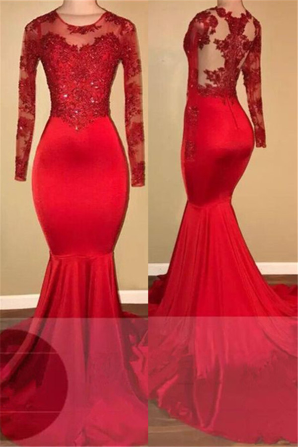 Long Sleeve Mermaid Lace Prom Dresses| Red Sheer Tulle Evening Gown FB0283-newarrivaldress