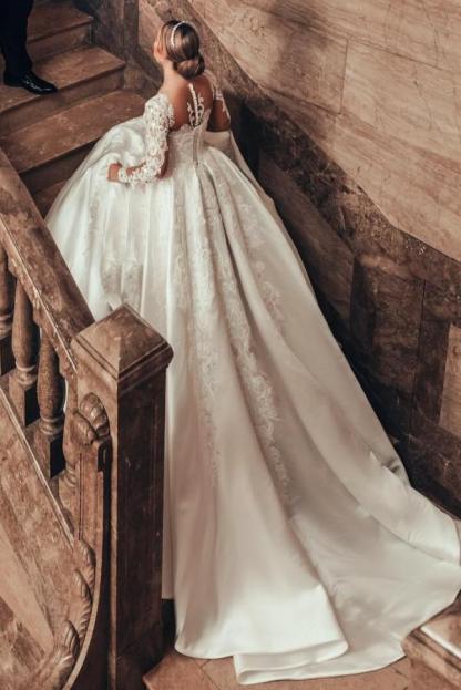 Gorgeous Long Sleeves A-line Wedding Dress Satin Lace Ball Gown with Appliques-newarrivaldress