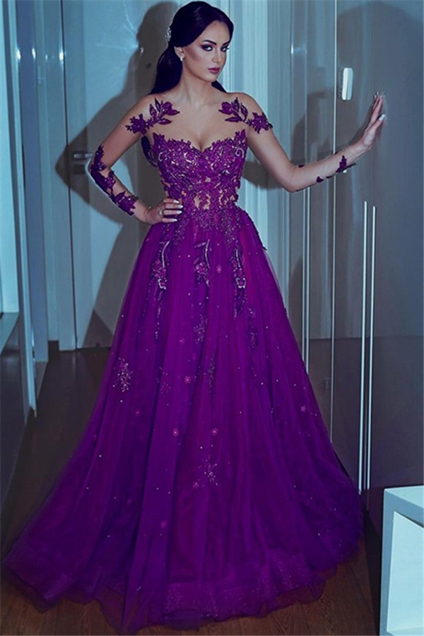 Gorgeous Purple Lace Appliques Long-Sleeves Tulle A-Line Prom Dresses-newarrivaldress