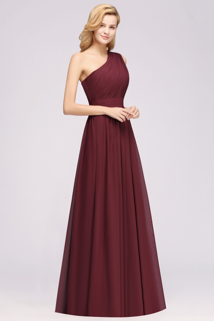 Elegant A-Line Burgundy Chiffon One-Shoulder Sleeveless Ruffles Floor-Length Bridesmaid Dresses-newarrivaldress