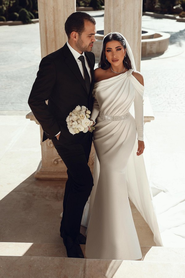 Stylish Asymmetric Shoulders Satin Long Mermaid Wedding Dress with Sweep Train-newarrivaldress