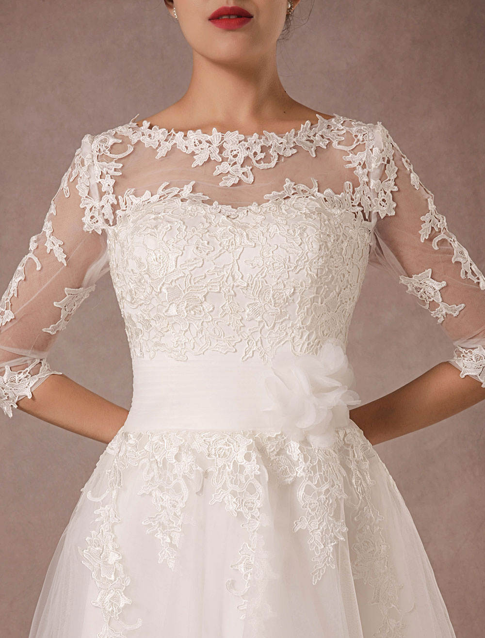 Short Wedding Dress Vintage Lace Applique Long Sleeves Tea Length A Line Tulle Bridal Gown With Flower Sash Exclusive-newarrivaldress