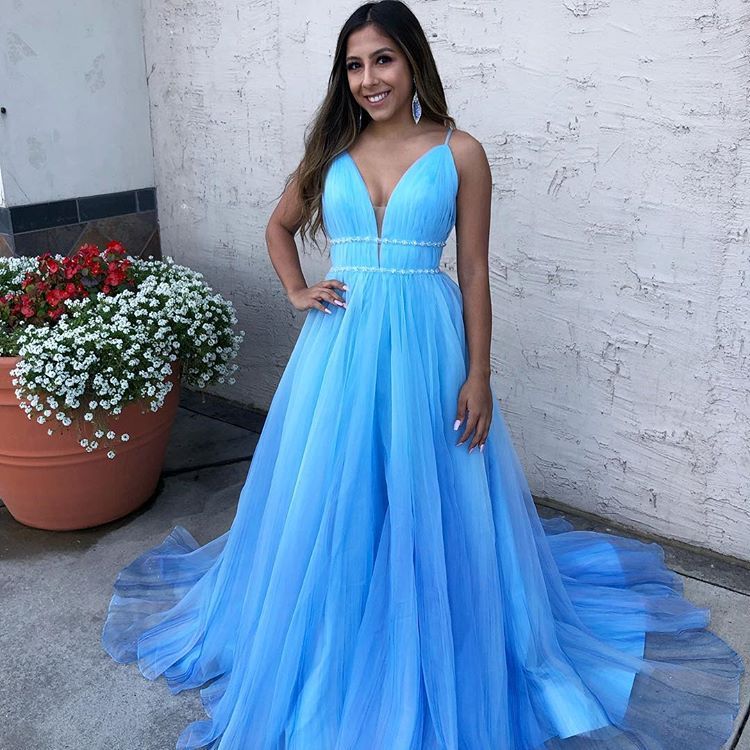 Sky Blue Spaghetti-Straps Tulle Sleeveless Prom Dress-newarrivaldress