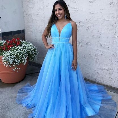 Sky Blue Spaghetti-Straps Tulle Sleeveless Prom Dress-newarrivaldress