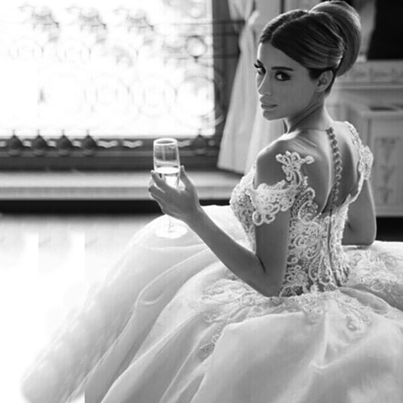 Short Sleeve Ball Gown Wedding Dresses with Beads | Princess Lace Appliques Sexy Bridal Gowns-newarrivaldress