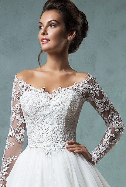 Lace Long Sleeves A-line Wedding Dresses Off-Shoulder Lace Applique Sheer Back Bridal Gowns-newarrivaldress