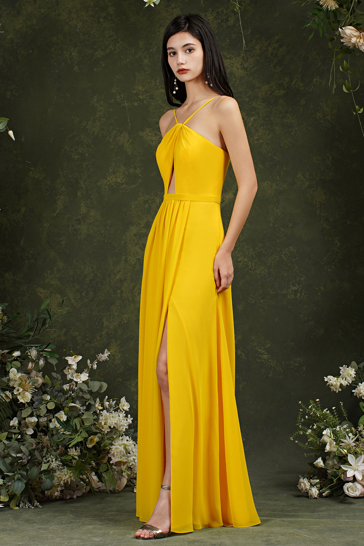 Halter Long Bridesmaid Dress Chiffon Sleeveless Side Split Wedding Party Dress-newarrivaldress