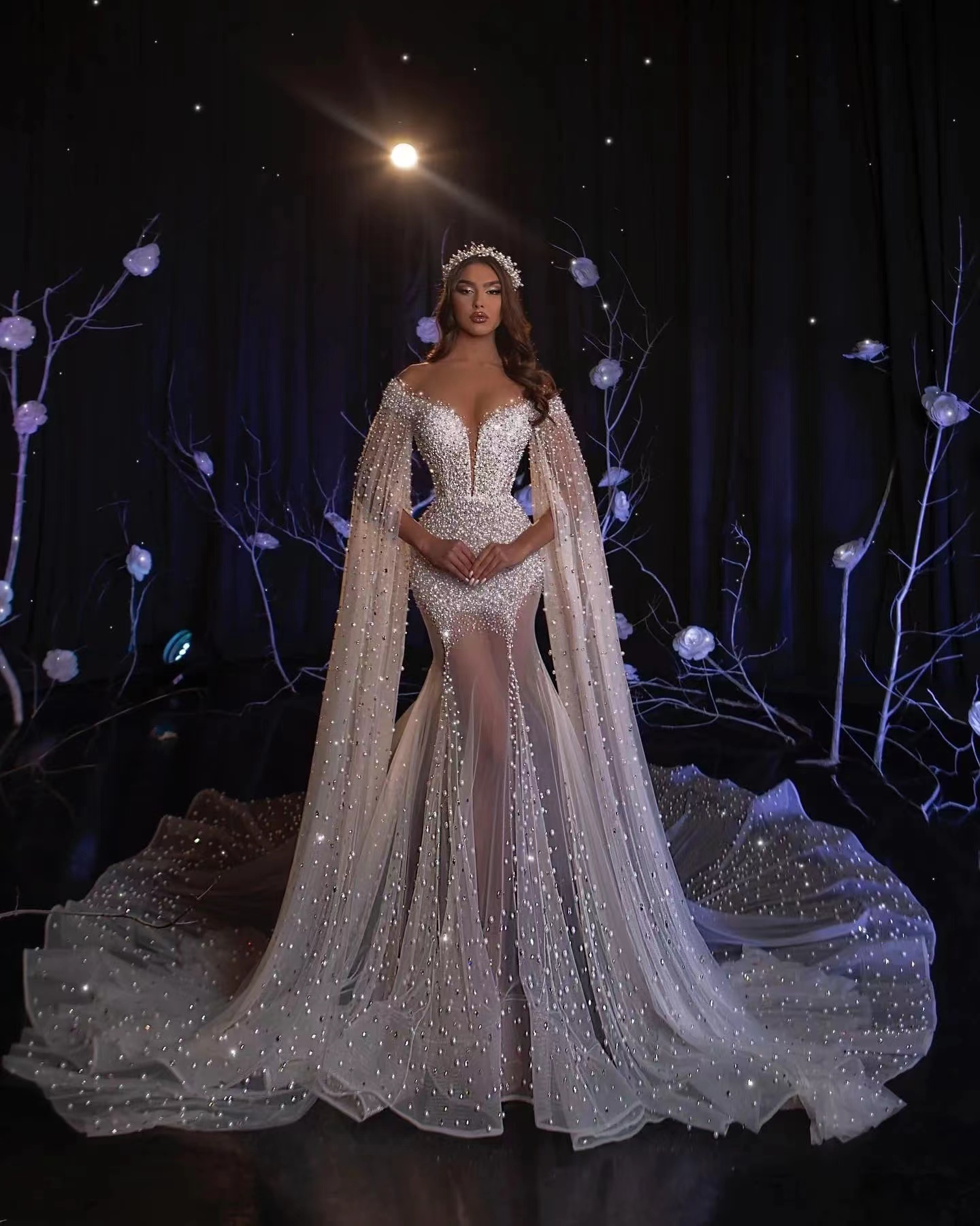 Elegant Pearl Long Sleeves Beaded Mermaid Sweetheart Prom Dress