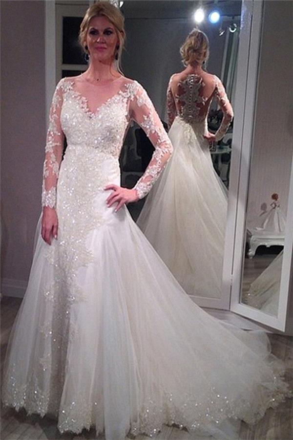 Sequins Glamorous Elegant Lace Appliques Tulle Long Sleeve Wedding Dress-newarrivaldress