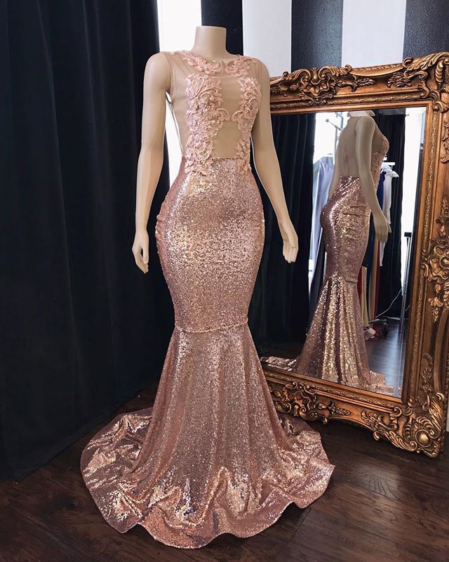 Pink Sequins Appliques Mermaid Long Prom Dresses | New Arrival Sleeveless Sheer Tulle Evening Gowns-newarrivaldress