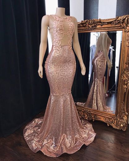 Pink Sequins Appliques Mermaid Long Prom Dresses | New Arrival Sleeveless Sheer Tulle Evening Gowns-newarrivaldress