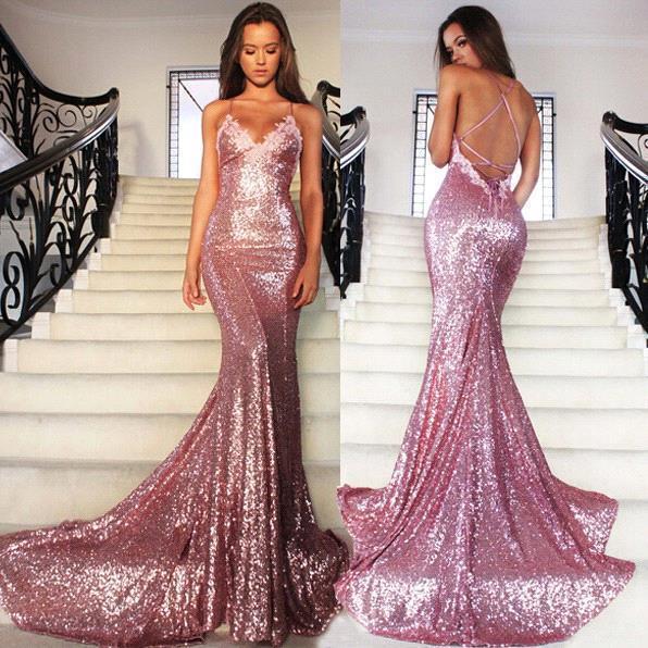 Sexy Pink Sequined Mermaid Sleeveless Spaghetti Strap Prom Dress-newarrivaldress