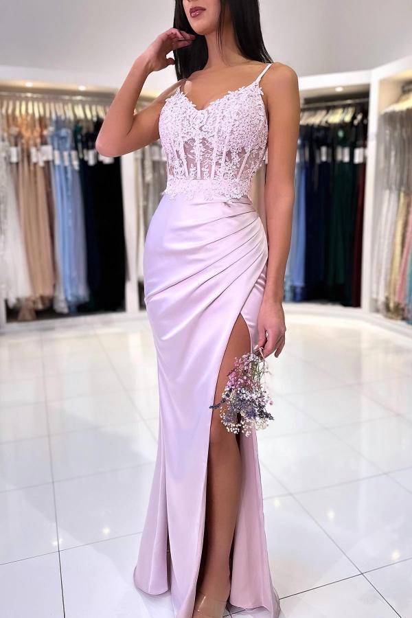 Simple Satin Side Slit Mermaid Prom Dress Spaghetti Straps Lace Appliques Sleeveless Special Occasion Dress-newarrivaldress