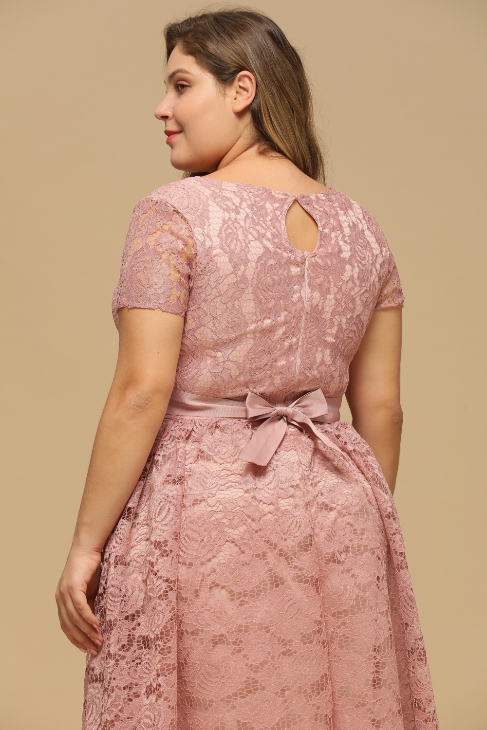 Burgundy Short Sleeves Flower Lace V-neck Dresses with Sash-newarrivaldress