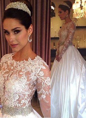 Illusion Lace Wedding Dresses | Jewel Crystals Belt Taffeta A-line Bridal Gowns-newarrivaldress