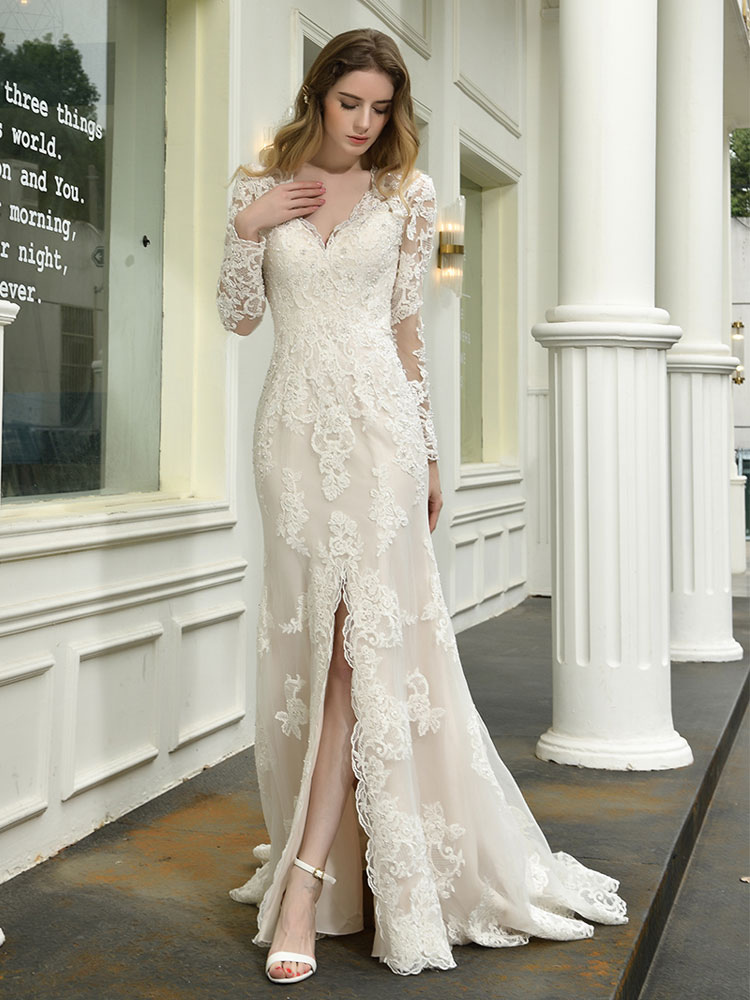 Boho Wedding Dress V Neck Sleeveless Natural Waist Lace Bridal Gowns With Train-newarrivaldress